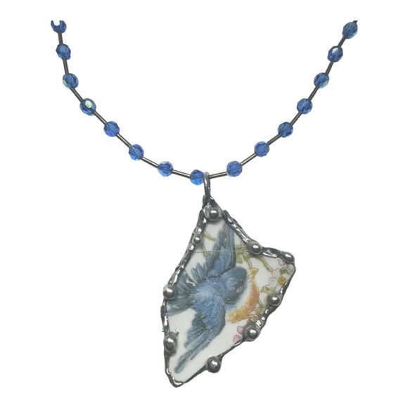 Blue Bird China Homer Laughlin Artisan Pendant Adorned w/ Blue Crystal Necklace - Picture 12 of 17